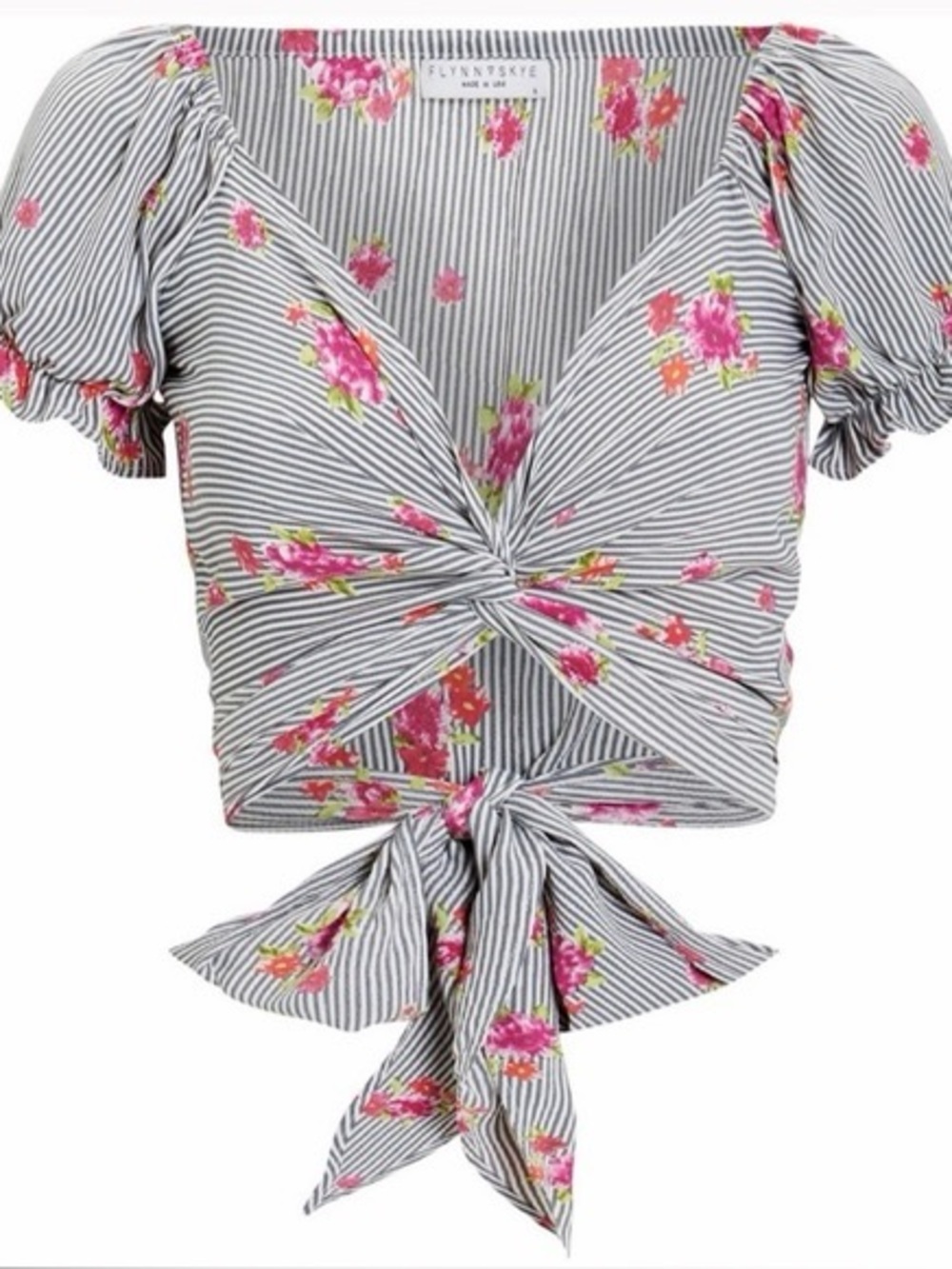 Flynn Skye Gray & Pink Floral Stripe Tie-Front Crop Top size small